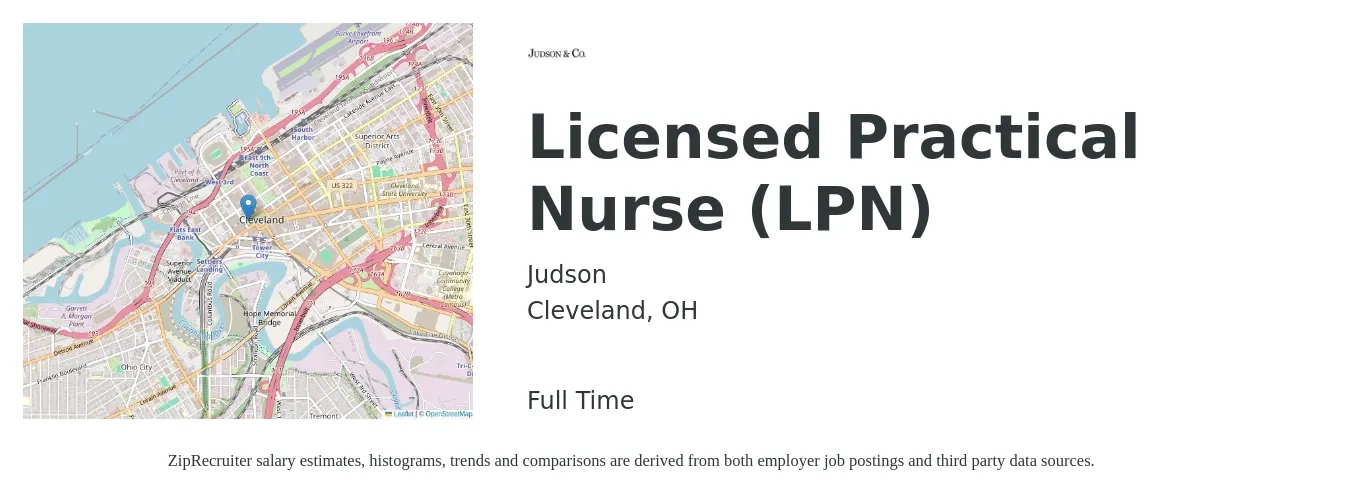 Judson job posting for a Licensed Practical Nurse (LPN) in Cleveland, OH with a salary of $24 to $33 Hourly with a map of Cleveland location.
