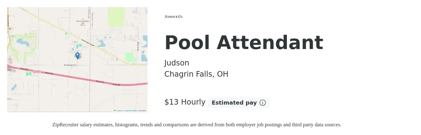 Judson job posting for a Pool Attendant in Chagrin Falls, OH with a salary of $14 Hourly with a map of Chagrin Falls location.