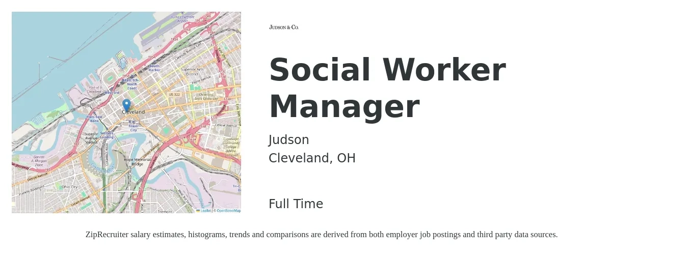 Judson job posting for a Social Worker Manager in Cleveland, OH with a salary of $55,000 to $85,300 Yearly with a map of Cleveland location.