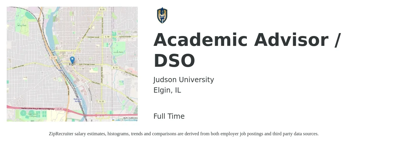 Judson University job posting for a Academic Advisor / DSO in Elgin, IL with a salary of $41,700 to $51,200 Yearly with a map of Elgin location.