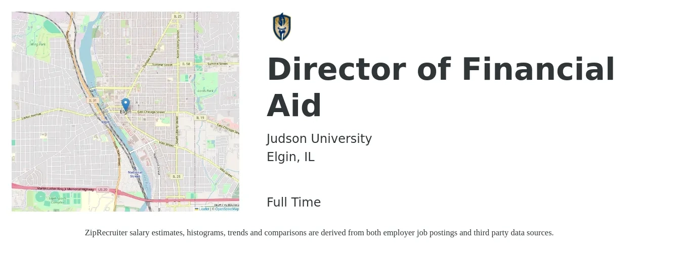 Judson University job posting for a Director of Financial Aid in Elgin, IL with a salary of $61,600 to $109,300 Yearly with a map of Elgin location.