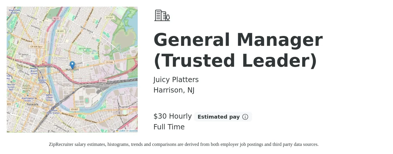 Juicy Platters job posting for a General Manager (Trusted Leader) in Harrison, NJ with a salary of $65,000 Yearly with a map of Harrison location.