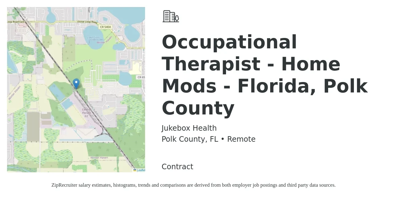 Jukebox Health job posting for a Occupational Therapist - Home Mods - Florida, Polk County in Polk County, FL with a salary of $36 to $48 Hourly with a map of Polk County location.