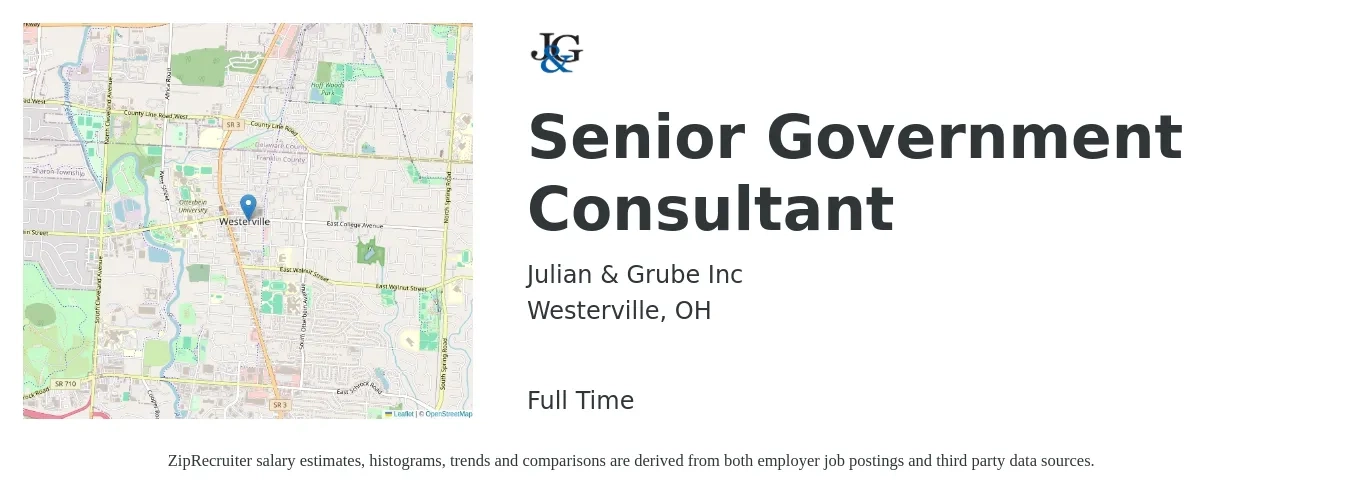 Julian & Grube Inc job posting for a Senior Government Consultant in Westerville, OH with a salary of $84,900 to $133,800 Yearly with a map of Westerville location.