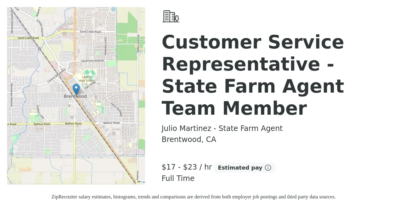 Julio Martinez - State Farm Agent job posting for a Customer Service Representative - State Farm Agent Team Member in Brentwood, CA with a salary of $18 to $24 Hourly with a map of Brentwood location.