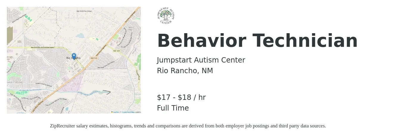Jumpstart Autism Center job posting for a Behavior Technician in Rio Rancho, NM with a salary of $16 to $19 Hourly with a map of Rio Rancho location.