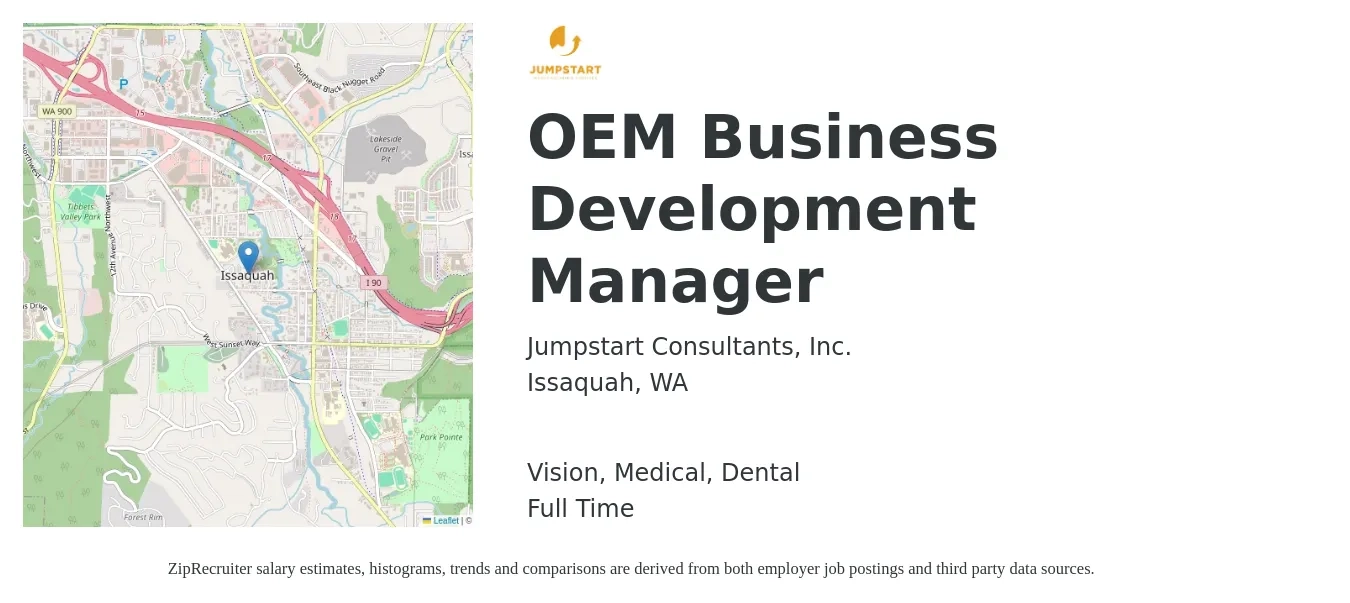 Jumpstart Consultants, Inc. job posting for a OEM Business Development Manager in Issaquah, WA with a salary of $70,400 to $115,300 Yearly and benefits including dental, medical, pto, retirement, and vision with a map of Issaquah location.