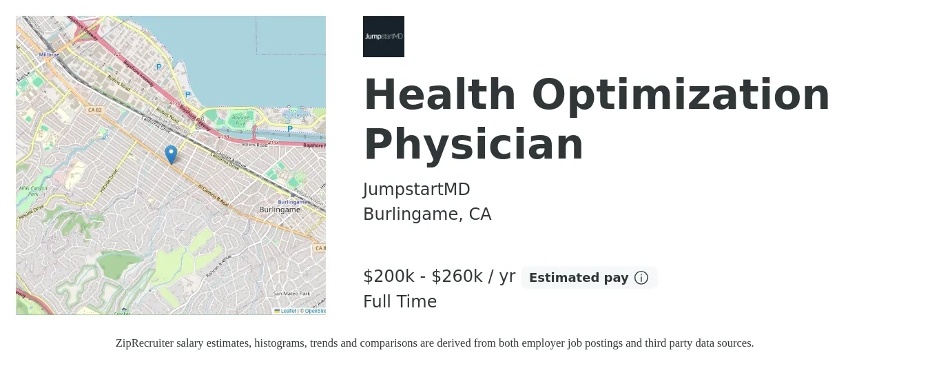 JumpstartMD job posting for a Health Optimization Physician in Burlingame, CA with a salary of $200,000 to $260,000 Yearly with a map of Burlingame location.
