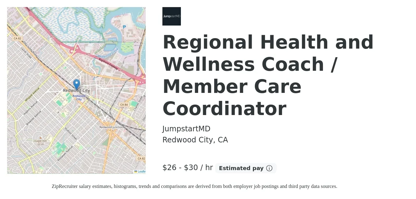 JumpstartMD job posting for a Regional Health and Wellness Coach / Member Care Coordinator in Redwood City, CA with a salary of $28 to $32 Hourly with a map of Redwood City location.