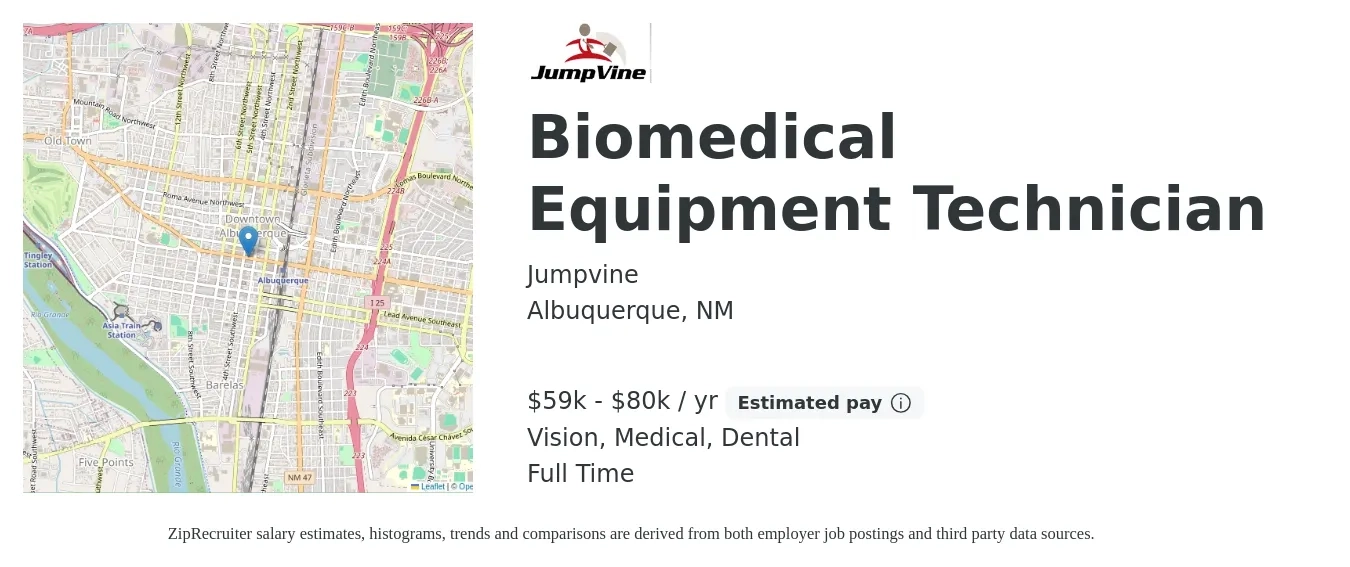 Jumpvine job posting for a Biomedical Equipment Technician in Albuquerque, NM with a salary of $59,000 to $80,500 Yearly and benefits including retirement, vision, dental, life_insurance, medical, and pto with a map of Albuquerque location.
