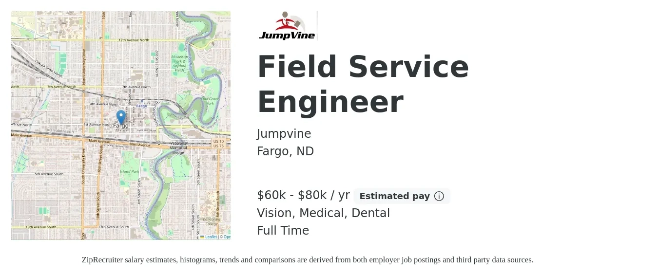 Jumpvine job posting for a Field Service Engineer in Fargo, ND with a salary of $60,000 to $80,000 Yearly and benefits including dental, life_insurance, medical, pto, retirement, and vision with a map of Fargo location.