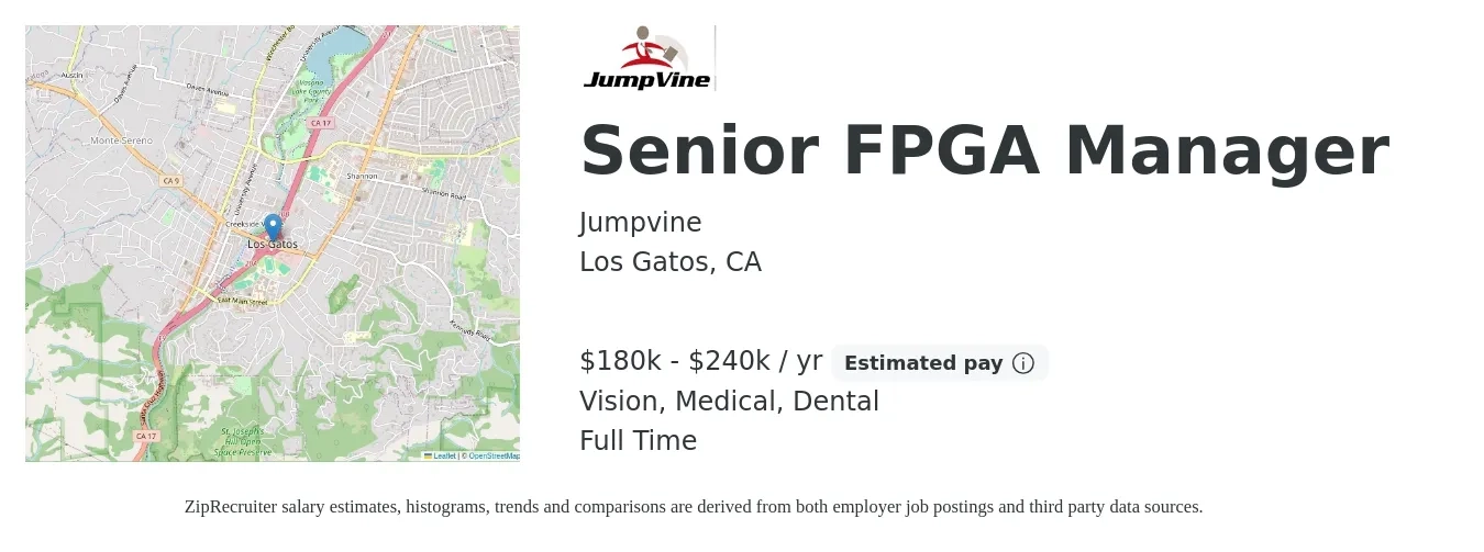 Jumpvine job posting for a Senior FPGA Manager in Los Gatos, CA with a salary of $180,000 to $240,000 Yearly and benefits including vision, dental, life_insurance, medical, and retirement with a map of Los Gatos location.
