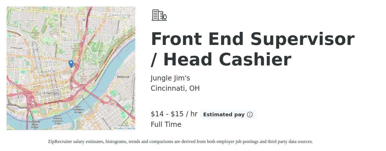 Jungle Jim's job posting for a Front End Supervisor / Head Cashier in Cincinnati, OH with a salary of $15 to $16 Hourly with a map of Cincinnati location.