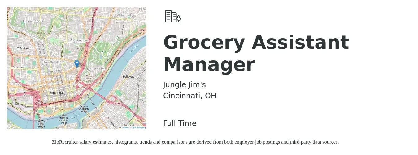 Jungle Jim's job posting for a Grocery Assistant Manager in Cincinnati, OH with a salary of $38,400 to $40,300 Yearly with a map of Cincinnati location.