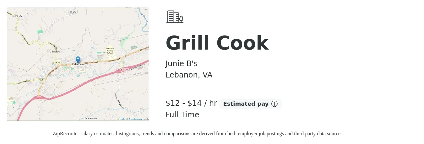Junie B's job posting for a Grill Cook in Lebanon, VA with a salary of $13 to $15 Hourly with a map of Lebanon location.
