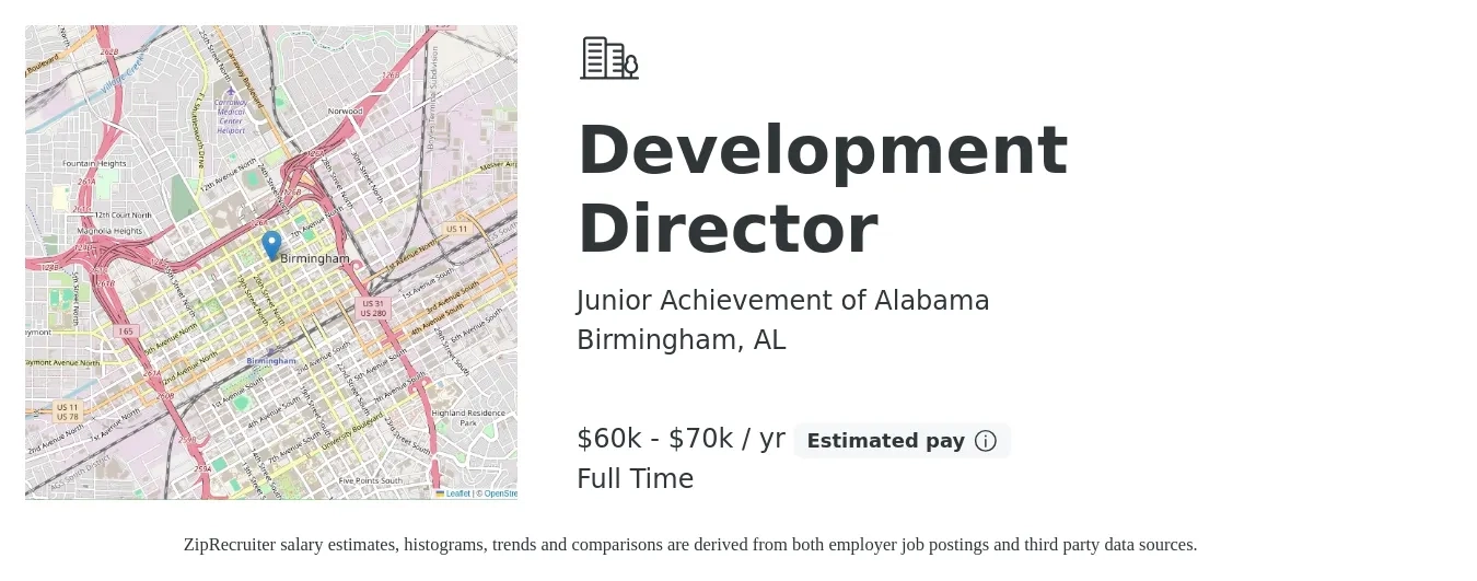 Junior Achievement of Alabama job posting for a Development Director in Birmingham, AL with a salary of $60,000 to $70,000 Yearly with a map of Birmingham location.