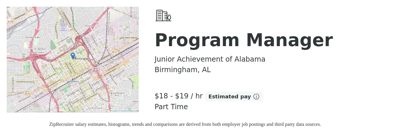 Junior Achievement of Alabama job posting for a Program Manager in Birmingham, AL with a salary of $19 to $20 Hourly with a map of Birmingham location.