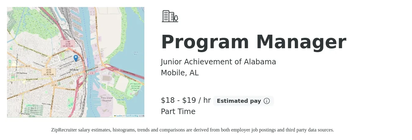 Junior Achievement of Alabama job posting for a Program Manager in Mobile, AL with a salary of $19 to $20 Hourly with a map of Mobile location.