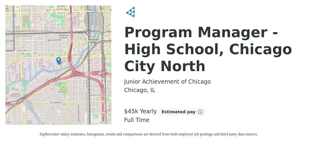 Junior Achievement of Chicago job posting for a Program Manager - High School, Chicago City North in Chicago, IL with a salary of $45,000 Yearly with a map of Chicago location.