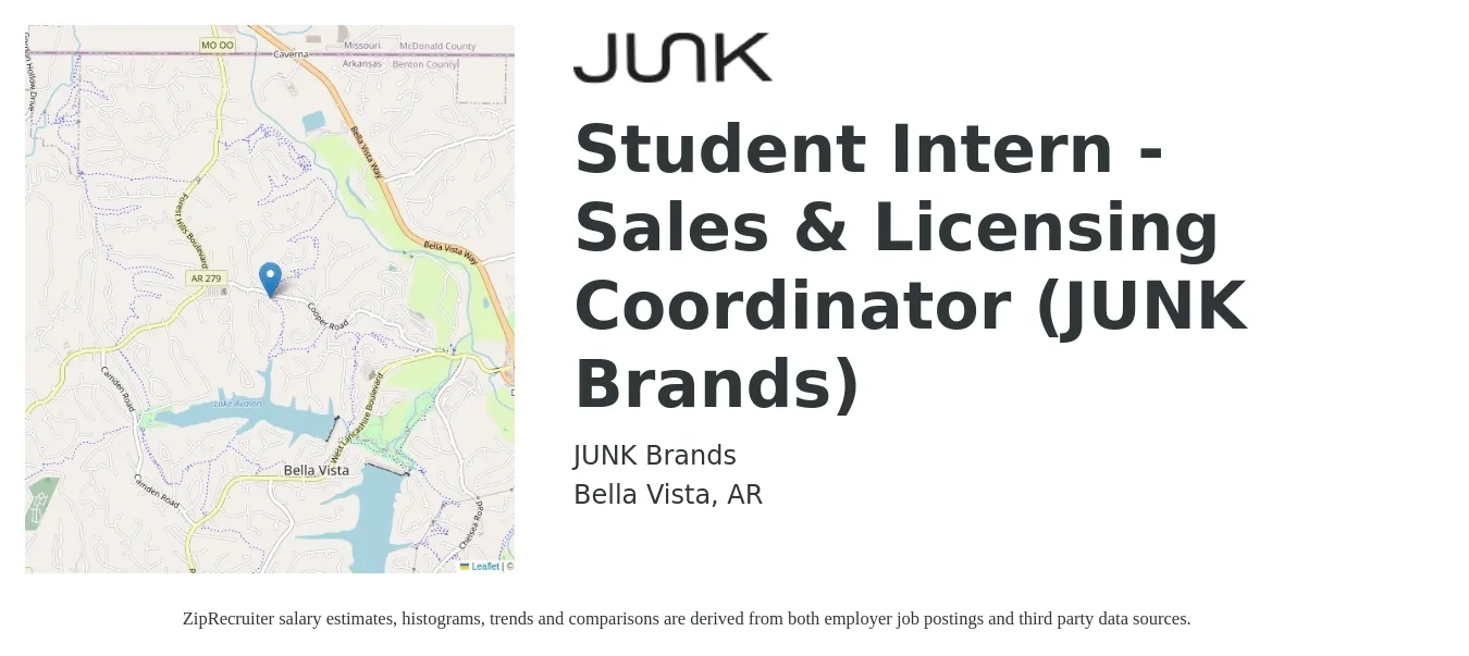 JUNK Brands job posting for a Student Intern - Sales & Licensing Coordinator (JUNK Brands) in Bella Vista, AR with a salary of $14 to $18 Hourly with a map of Bella Vista location.