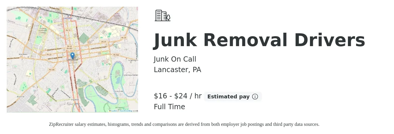 Junk On Call job posting for a Junk Removal Drivers in Lancaster, PA with a salary of $17 to $25 Hourly with a map of Lancaster location.