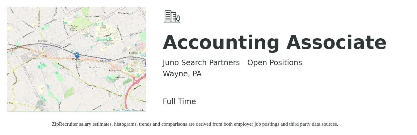 Juno Search Partners - Open Positions job posting for a Accounting Associate in Wayne, PA with a salary of $19 to $27 Hourly with a map of Wayne location.