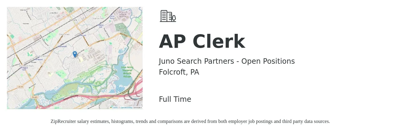 Juno Search Partners - Open Positions job posting for a AP Clerk in Folcroft, PA with a salary of $18 to $23 Hourly with a map of Folcroft location.