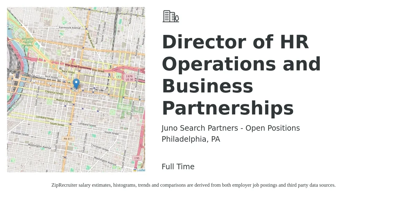 Juno Search Partners - Open Positions job posting for a Director of HR Operations and Business Partnerships in Philadelphia, PA with a salary of $78,200 to $134,200 Yearly with a map of Philadelphia location.