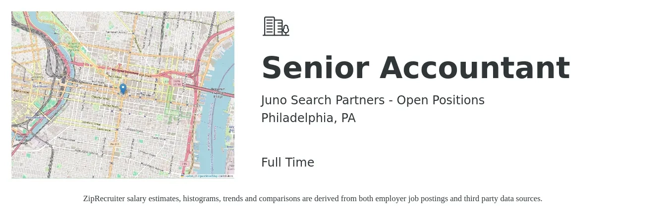 Juno Search Partners - Open Positions job posting for a Senior Accountant in Philadelphia, PA with a salary of $74,700 to $93,800 Yearly with a map of Philadelphia location.
