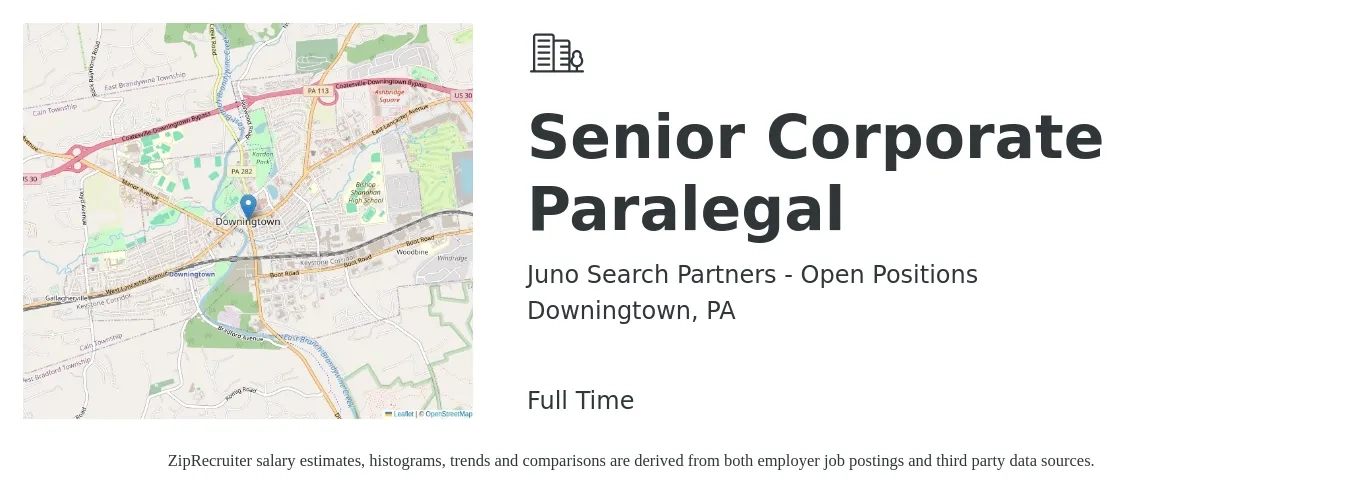 Juno Search Partners - Open Positions job posting for a Senior Corporate Paralegal in Downingtown, PA with a salary of $60,700 to $89,700 Yearly with a map of Downingtown location.