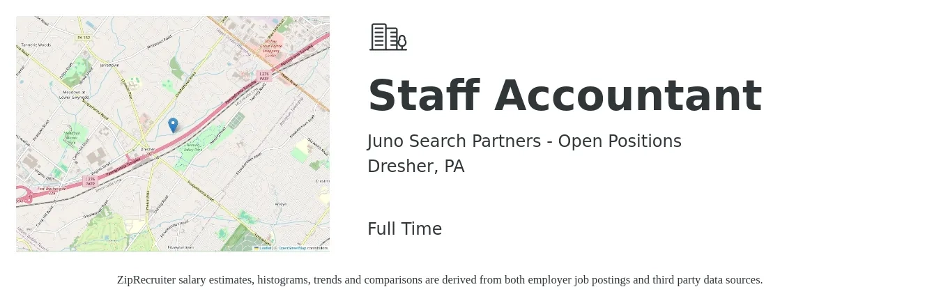 Juno Search Partners - Open Positions job posting for a Staff Accountant in Dresher, PA with a salary of $53,300 to $70,200 Yearly with a map of Dresher location.