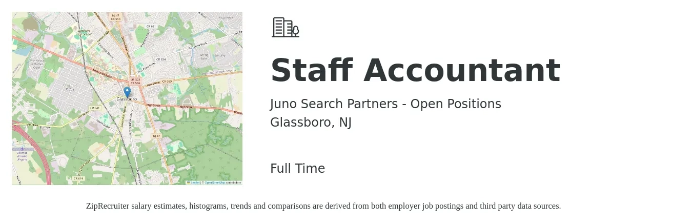 Juno Search Partners - Open Positions job posting for a Staff Accountant in Glassboro, NJ with a salary of $53,200 to $70,100 Yearly with a map of Glassboro location.