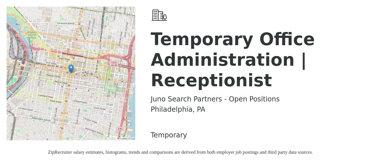 Juno Search Partners - Open Positions job posting for a Temporary Office Administration | Receptionist in Philadelphia, PA with a salary of $16 to $20 Hourly with a map of Philadelphia location.