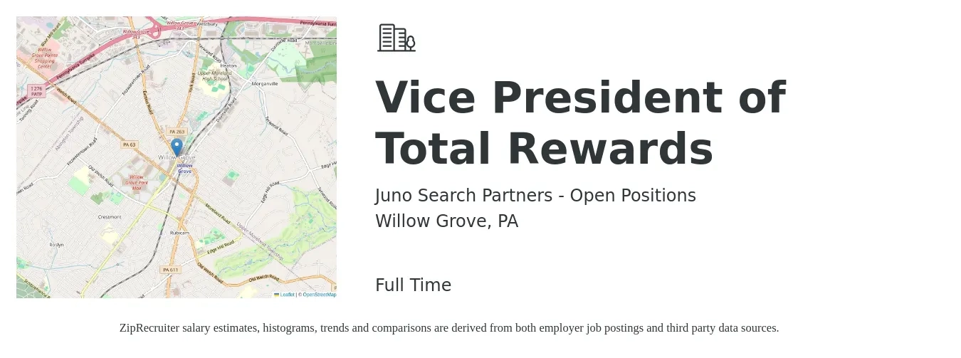 Juno Search Partners - Open Positions job posting for a Vice President of Total Rewards in Willow Grove, PA with a salary of $113,900 to $188,200 Yearly with a map of Willow Grove location.