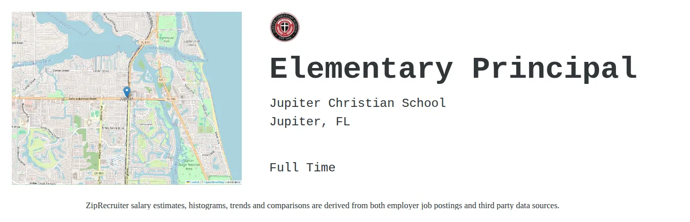 Jupiter Christian School job posting for a Elementary Principal in Jupiter, FL with a salary of $82,100 to $114,400 Annually with a map of Jupiter location.