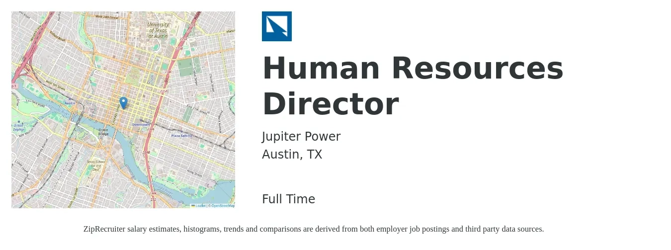 Jupiter Power job posting for a Human Resources Director in Austin, TX with a salary of $87,700 to $135,300 Yearly with a map of Austin location.