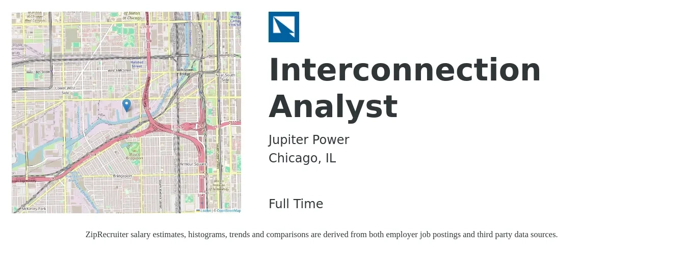 Jupiter Power job posting for a Interconnection Analyst in Chicago, IL with a salary of $54,100 to $89,600 Yearly with a map of Chicago location.