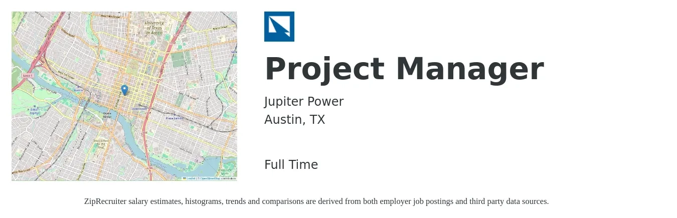 Jupiter Power job posting for a Project Manager in Austin, TX with a salary of $77,800 to $121,900 Yearly with a map of Austin location.