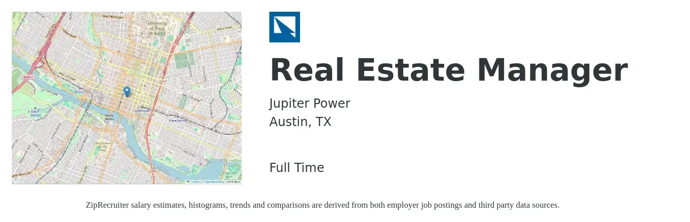 Jupiter Power job posting for a Real Estate Manager in Austin, TX with a salary of $59,000 to $99,100 Yearly with a map of Austin location.