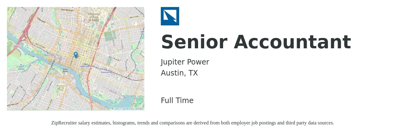 Jupiter Power job posting for a Senior Accountant in Austin, TX with a salary of $73,300 to $92,200 Yearly with a map of Austin location.