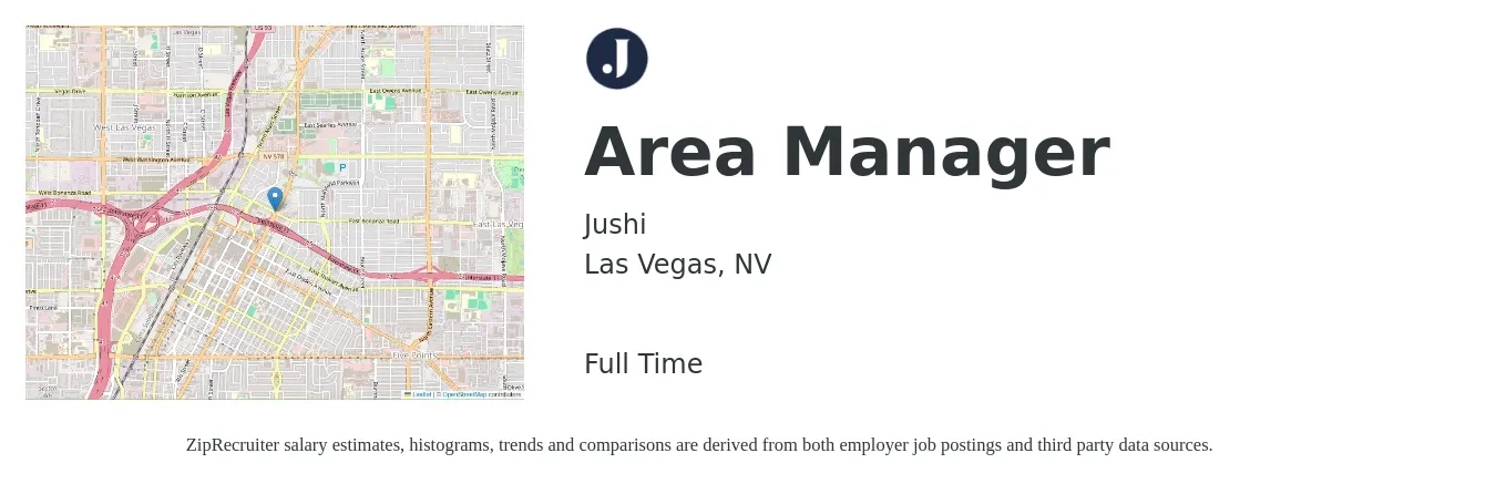 Jushi job posting for a Area Manager in Las Vegas, NV with a salary of $36,800 to $68,300 Yearly with a map of Las Vegas location.