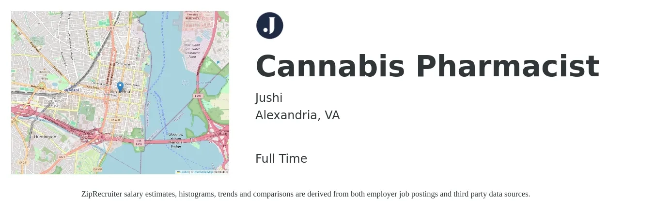 Jushi job posting for a Cannabis Pharmacist in Alexandria, VA with a salary of $62 to $75 Hourly with a map of Alexandria location.