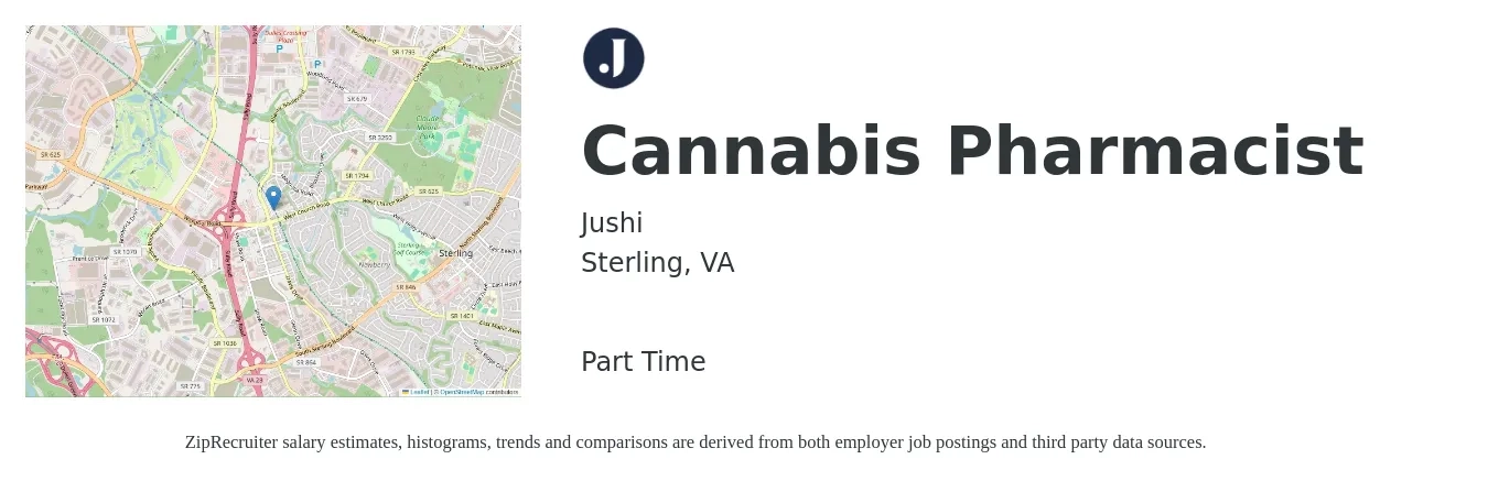 Jushi job posting for a Cannabis Pharmacist in Sterling, VA with a salary of $58 to $69 Hourly with a map of Sterling location.