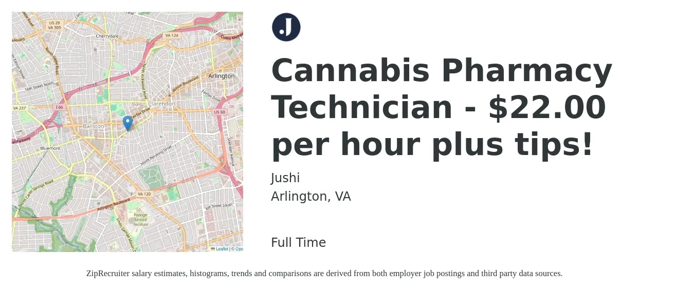 Jushi job posting for a Cannabis Pharmacy Technician - $22.00 per hour plus tips! in Arlington, VA with a salary of $22 Hourly with a map of Arlington location.