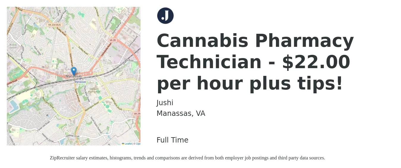 Jushi job posting for a Cannabis Pharmacy Technician - $22.00 per hour plus tips! in Manassas, VA with a salary of $22 Hourly with a map of Manassas location.
