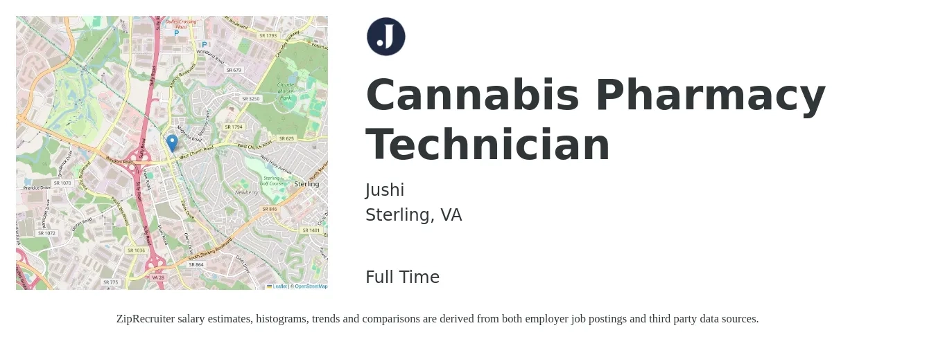 Jushi job posting for a Cannabis Pharmacy Technician in Sterling, VA with a salary of $22 Hourly with a map of Sterling location.
