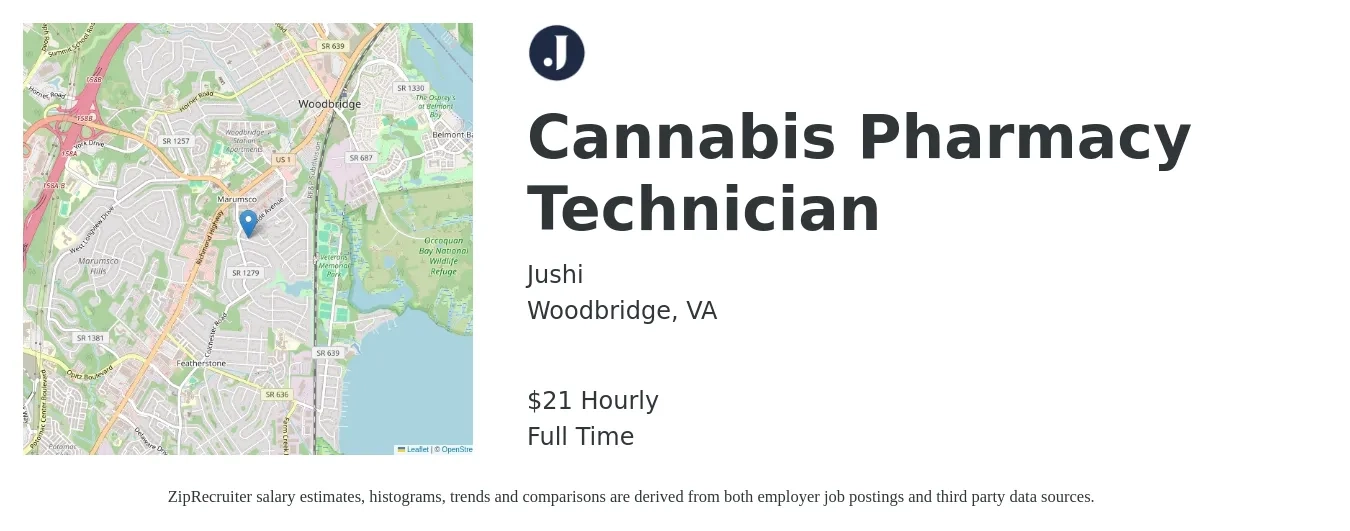 Jushi job posting for a Cannabis Pharmacy Technician in Woodbridge, VA with a salary of $22 Hourly with a map of Woodbridge location.