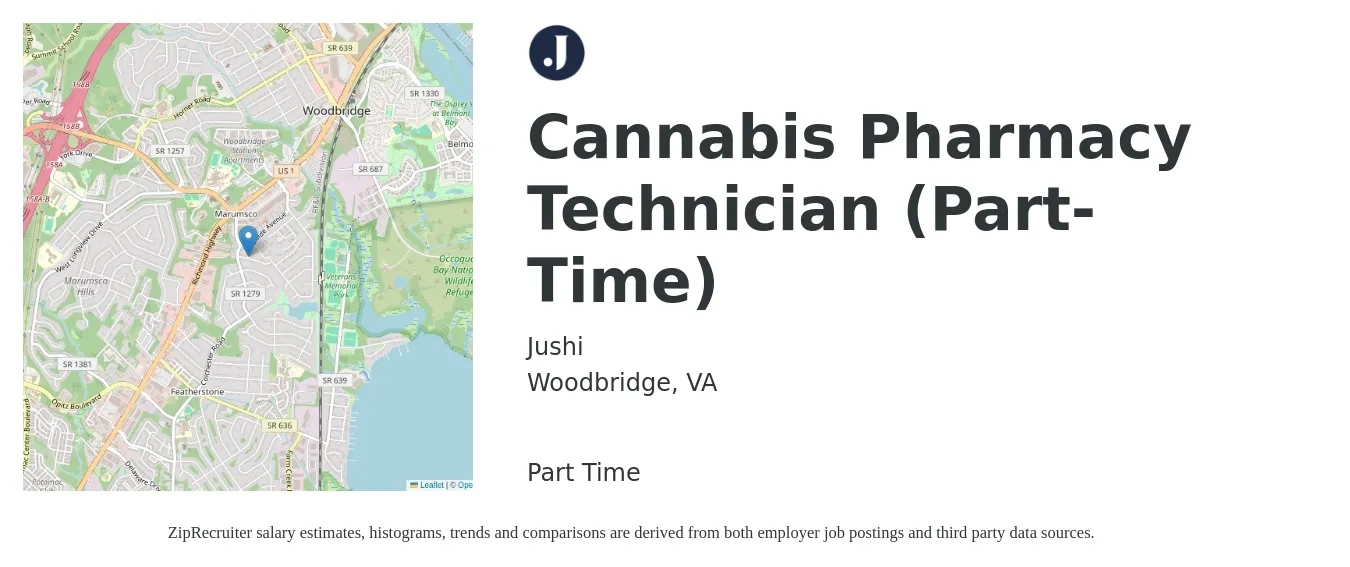 Jushi job posting for a Cannabis Pharmacy Technician (Part-Time) in Woodbridge, VA with a salary of $22 Hourly with a map of Woodbridge location.