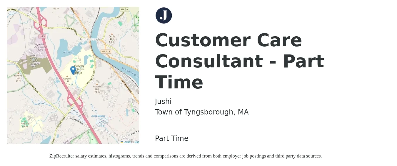Jushi job posting for a Customer Care Consultant - Part Time in Town of Tyngsborough, MA with a salary of $21 to $26 Hourly with a map of Town of Tyngsborough location.