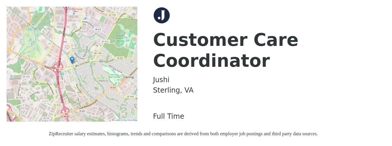 Jushi job posting for a Customer Care Coordinator in Sterling, VA with a salary of $18 to $23 Hourly with a map of Sterling location.